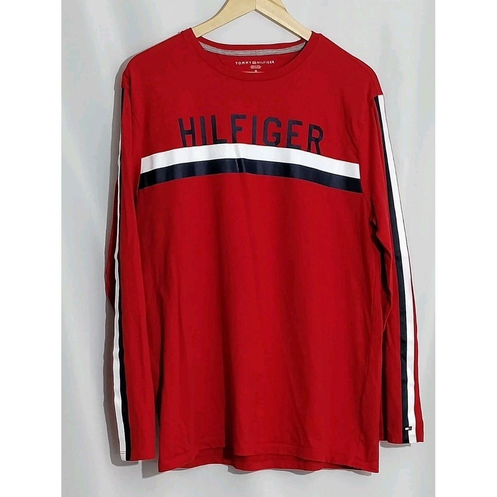 TOMMY HILFIGER Men's Long Sleeve T-Shirt Size Medium Red‎ White Blue Cotton EUC